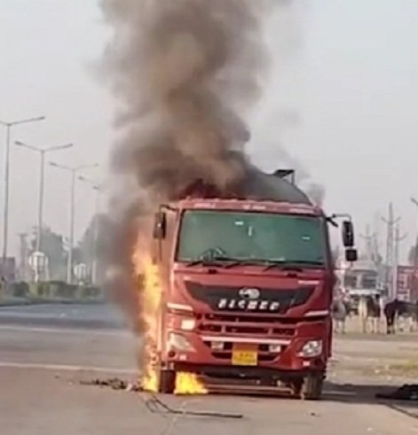 Milk tanker engulfed in flames, driver saved his life by jumping