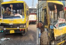 सिरोही. हाईवे पर टर्न ले रही रूपरजत स्कूल की बाल वाहिनी से टकराई रोडवेज बस Sirohi: A state-run bus collided with a school bus belonging to Ruprajat School while the latter was taking a turn on the highway.