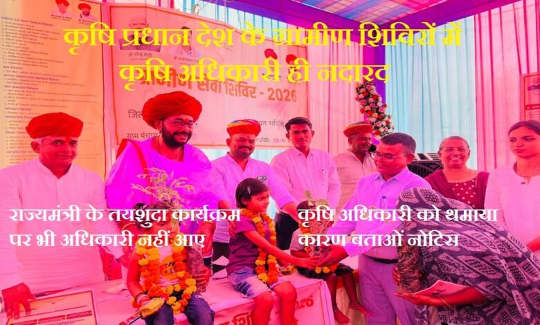 सिरोही. कृषि प्रधान देश के ग्रामीण शिविरों में कृषि अधिकारी ही नदारद - लाभकारी सेवा शिविरों की सार्थकता पर उठ रहे सवाल सिरोही. एसडीएम ने कालन्द्री सहायक कृषि अधिकारी दीपककुमार रेबारी को कारण बताओं नोटिस देकर तीन दिनों में स्पष्टीकरण मांगा Sirohi: Agricultural officers are notably absent from rural camps in this agrarian nation—raising questions about the efficacy of these beneficial service camps. Sirohi: The SDM issued a show-cause notice to Kalandri Assistant Agriculture Officer Deepak Kumar Rebari, demanding an explanation within three days.